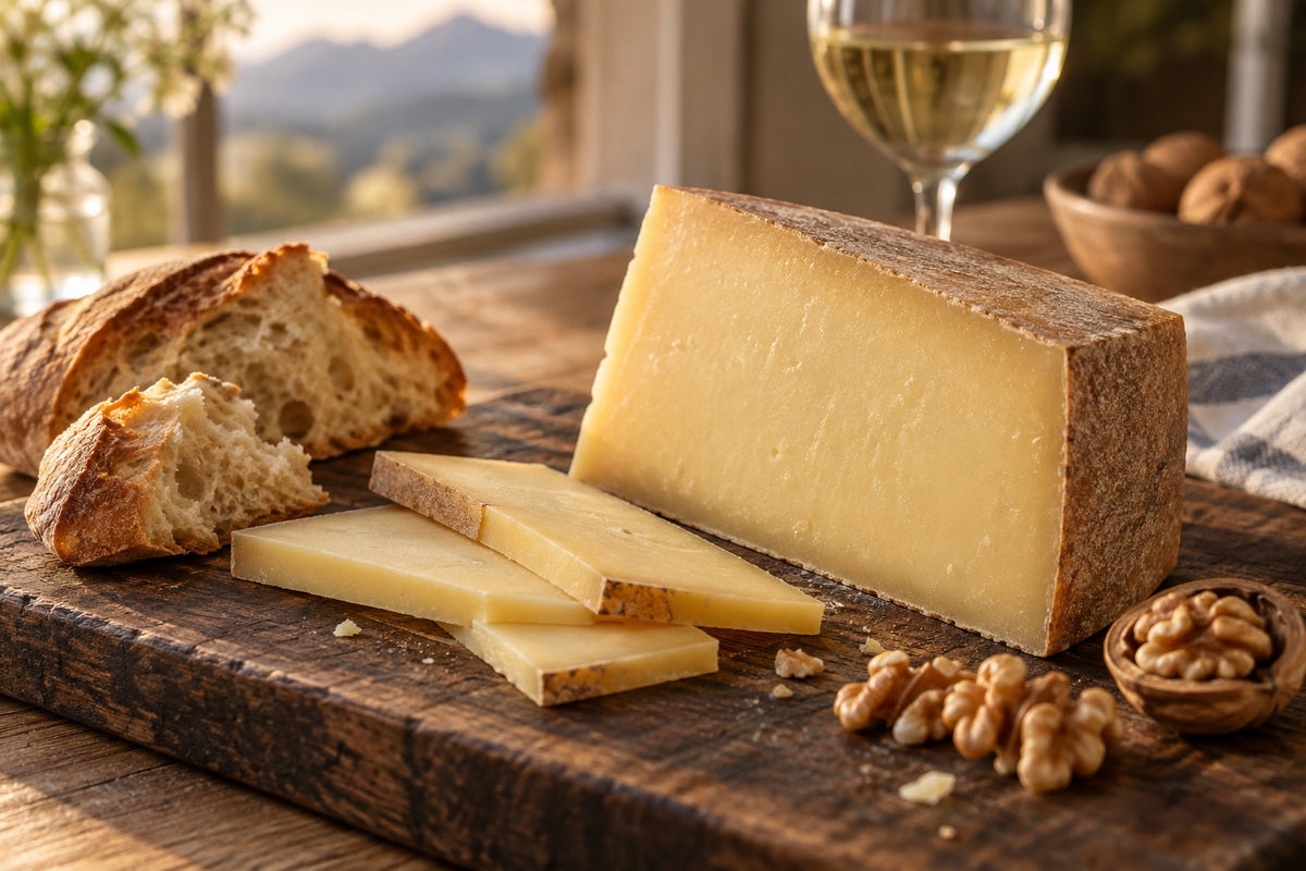 Cuña y láminas de Gruyère con pan, nueces y vino blanco.