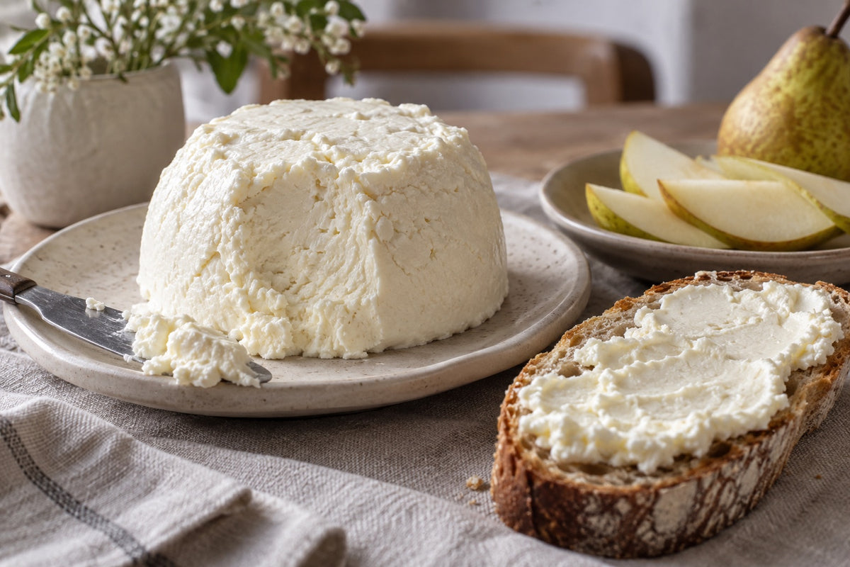 Queso suave y cremoso servido con pan y pera.