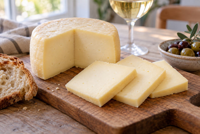 Queso de pasta semifirme en tajadas con pan, aceitunas y vino blanco.