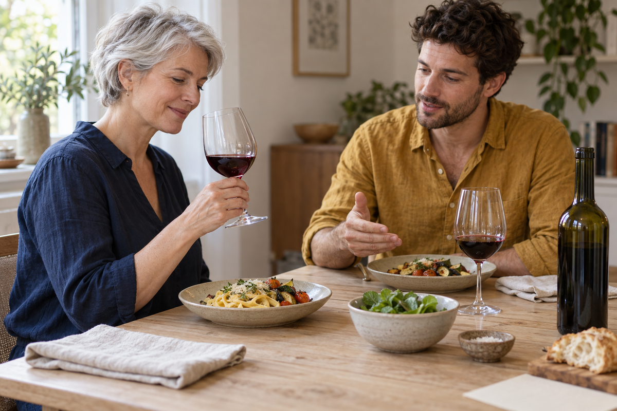 Una mujer aprecia el aroma del vino tinto mientras conversa durante una comida con pasta.