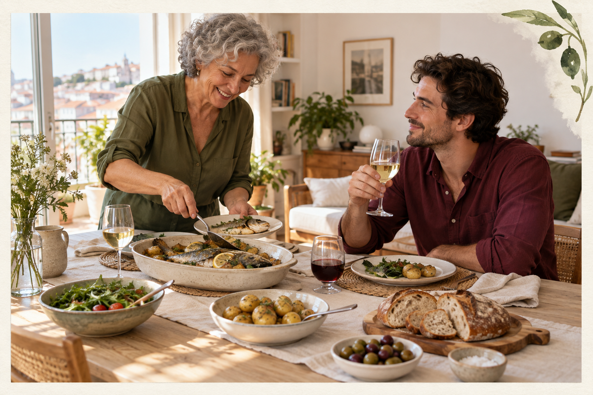 Dos adultos comparten pescado con papas, ensalada y copas de vino en una mesa luminosa.