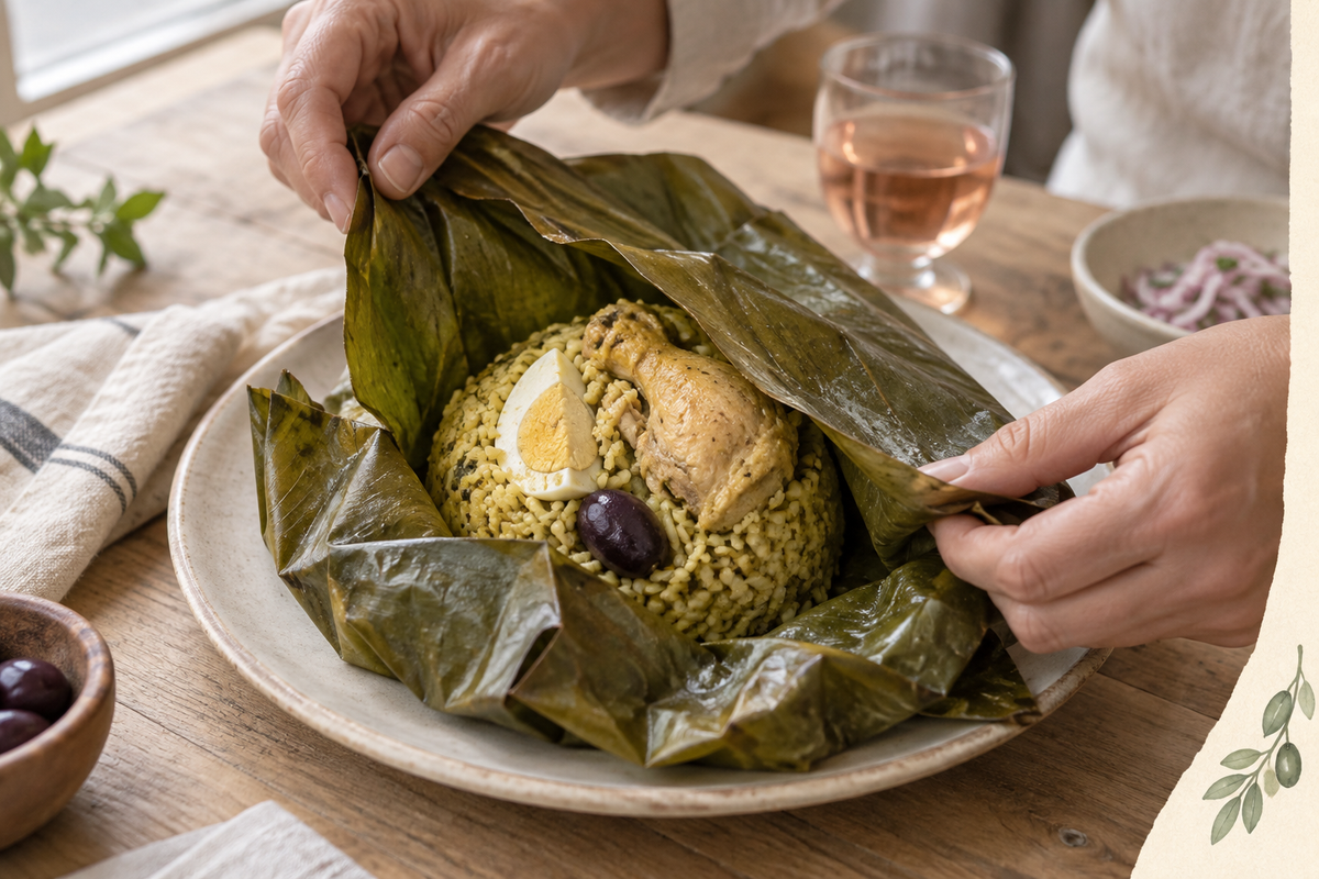 Manos abriendo un juane de arroz con pollo, huevo y aceituna, junto a una copa de rosado.