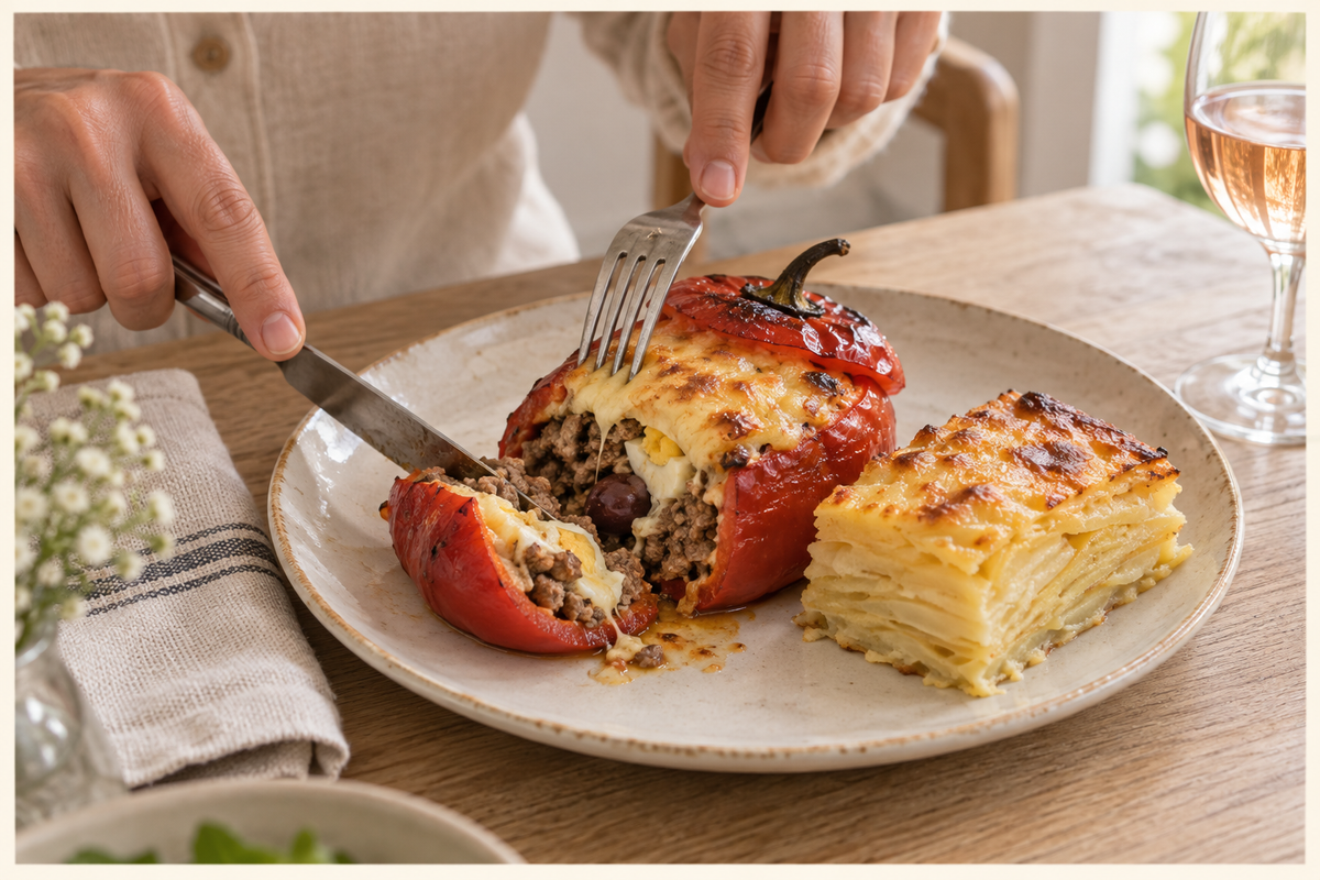 Rocoto relleno abierto junto a una porción de pastel de papa y una copa de rosado.