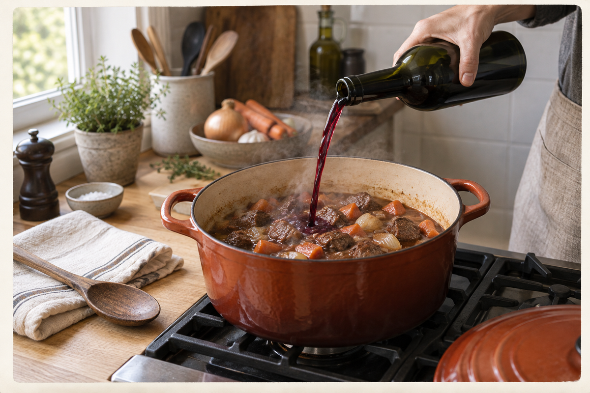 Una mano añade vino tinto a una olla con carne, zanahoria y cebolla.