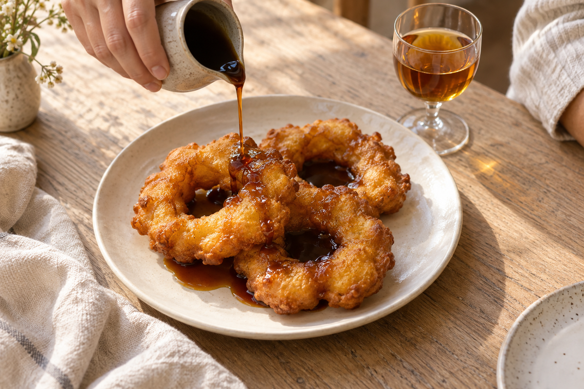 Tres picarones con miel oscura servidos junto a una copa de vino ámbar.