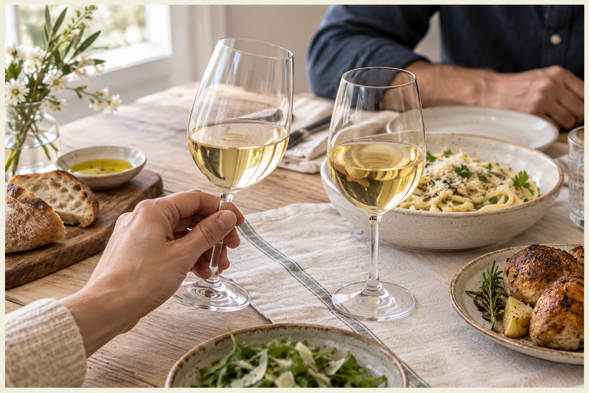 Dos copas de vino blanco en una mesa con pasta, pollo y ensalada.