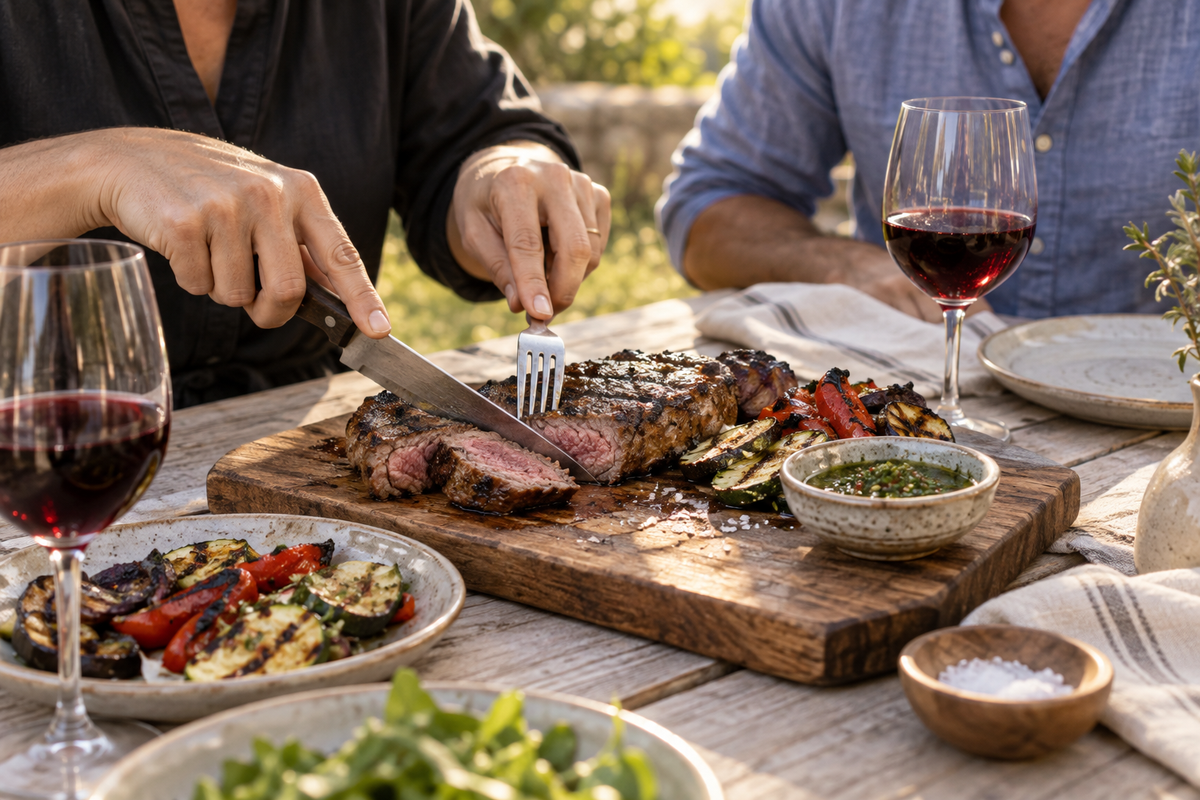 Una persona corta carne a la parrilla junto a verduras, salsa de hierbas y dos copas de vino tinto.