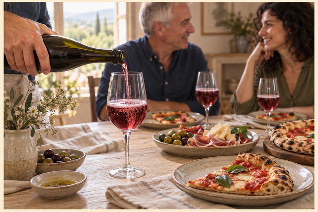 Se sirve vino espumoso de color rubí junto a pizza y un plato de aperitivos.