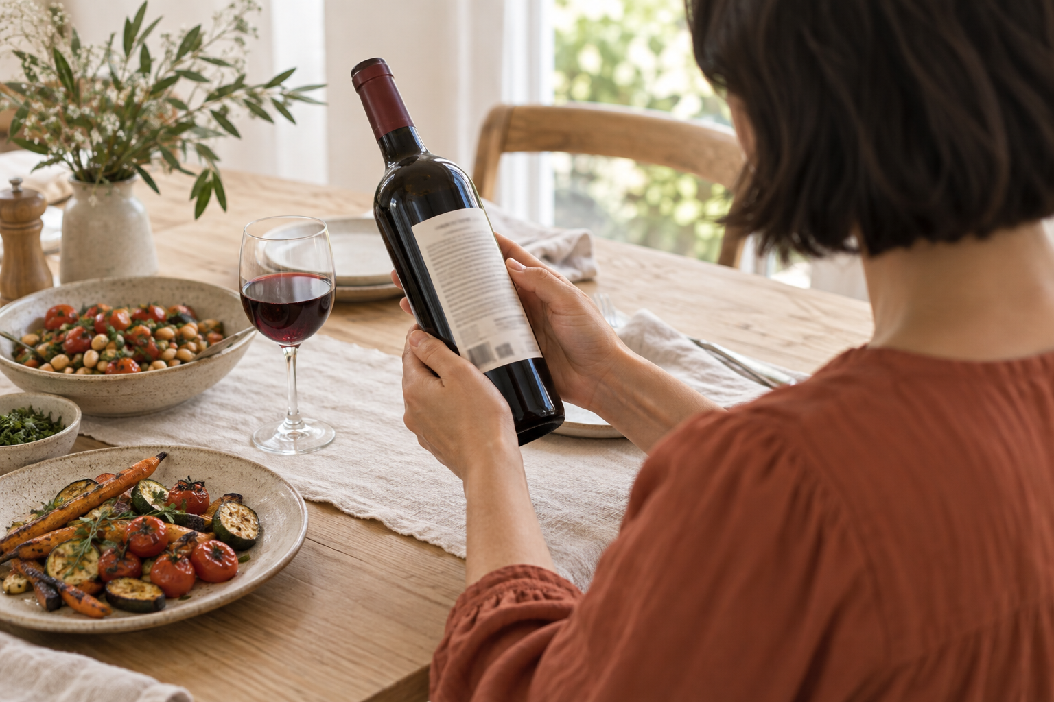 Una persona lee la contraetiqueta de una botella junto a verduras, garbanzos y una copa de vino.