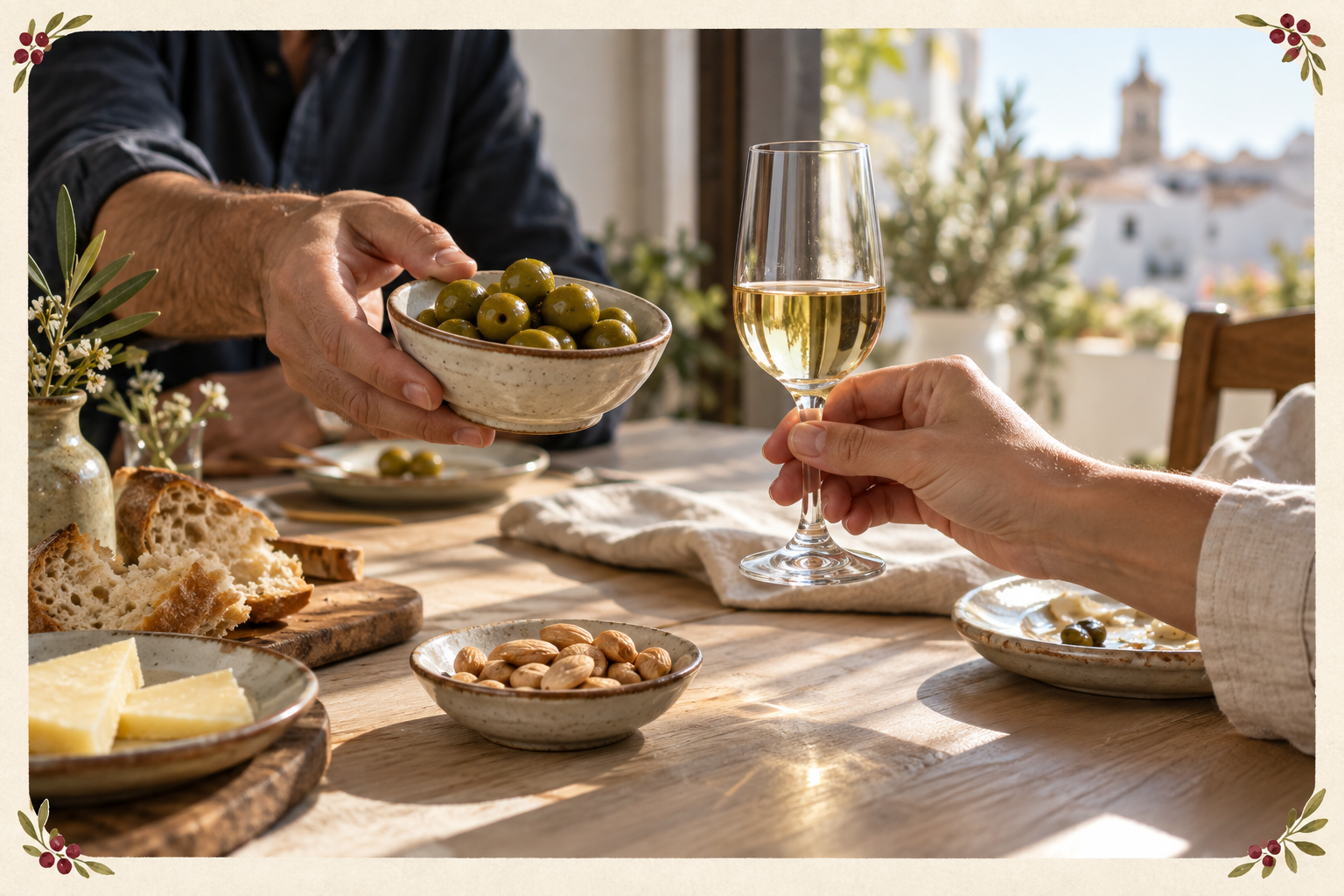 Manos comparten aceitunas junto a una pequeña copa de vino claro, almendras y pan.