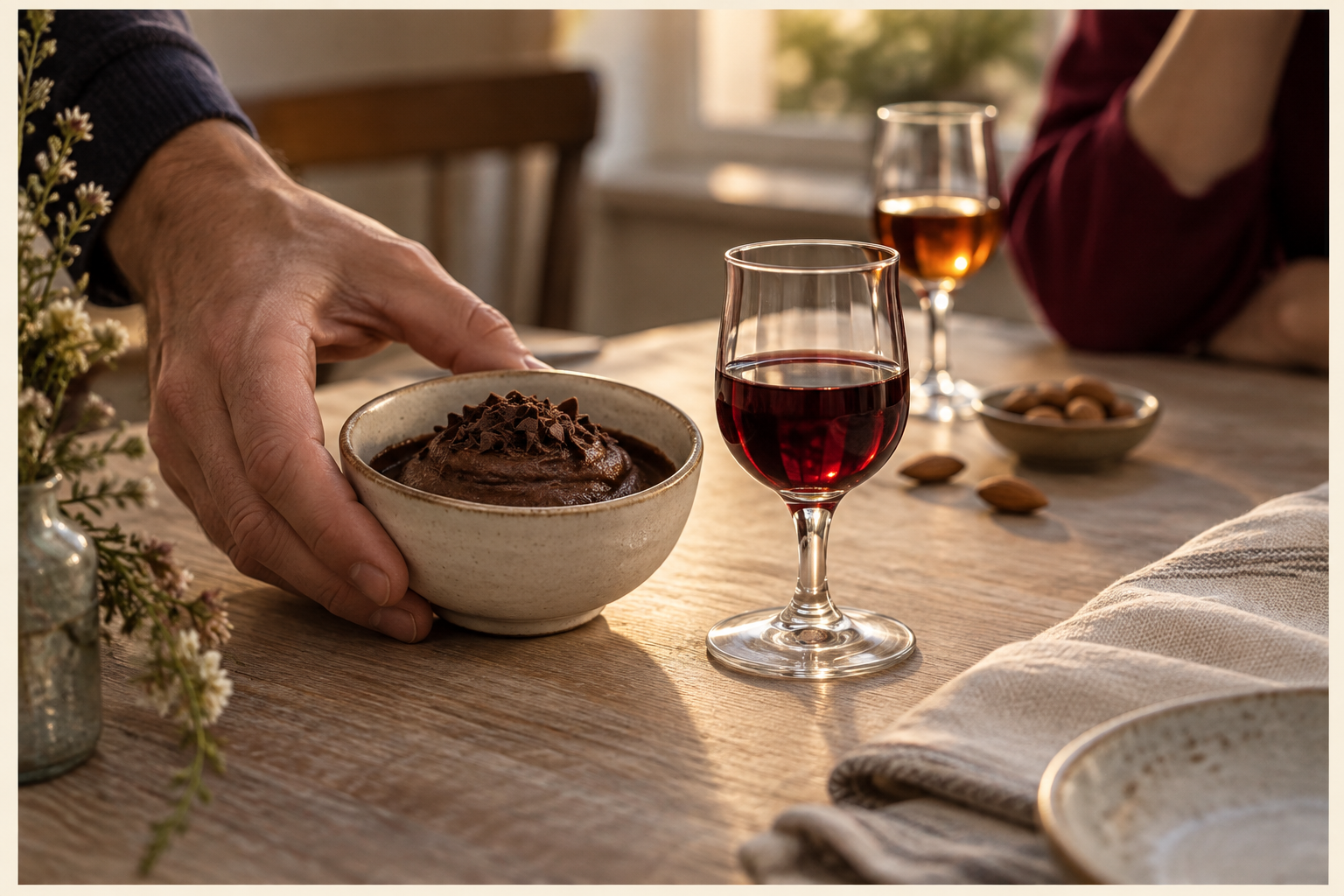 Una mano sirve mousse de chocolate junto a una pequeña copa de vino rubí y almendras.