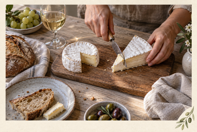 Una persona corta una cuña de queso de corteza blanca junto a un queso redondo y una copa de vino blanco.