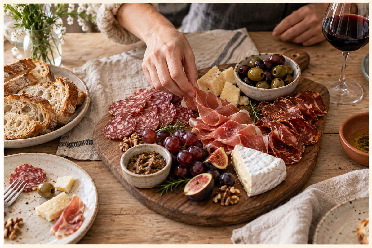 Una mano acomoda jamón en una tabla con embutidos, quesos y aceitunas, junto a pan y vino tinto.