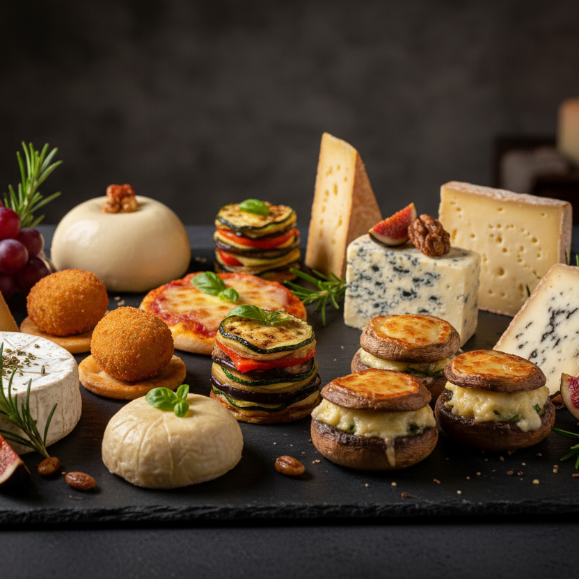 “Fine dining presentation of a Cheese Extravaganza: an elegant arrangement of artisanal cheeses (brie, gouda, edam, blue cheese, manchego, sheep cheese, truffled cheese) on a dark slate board, paired with gourmet tapas such as spinach croquettes, mini pizzas, vegetable mille-feuille and cheese-stuffed mushrooms. Soft dramatic lighting, shallow depth of field, high-end restaurant aesthetic, warm highlights, luxurious textures, artistic plating, cinematic gourmet photography.”