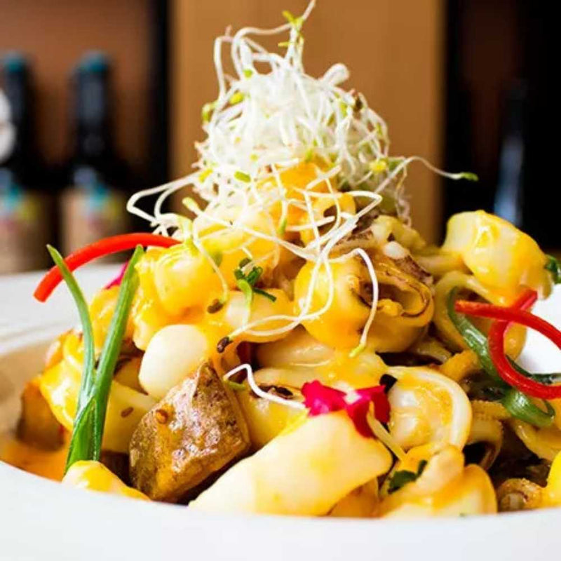 Mariscos y calamares a la mostaza