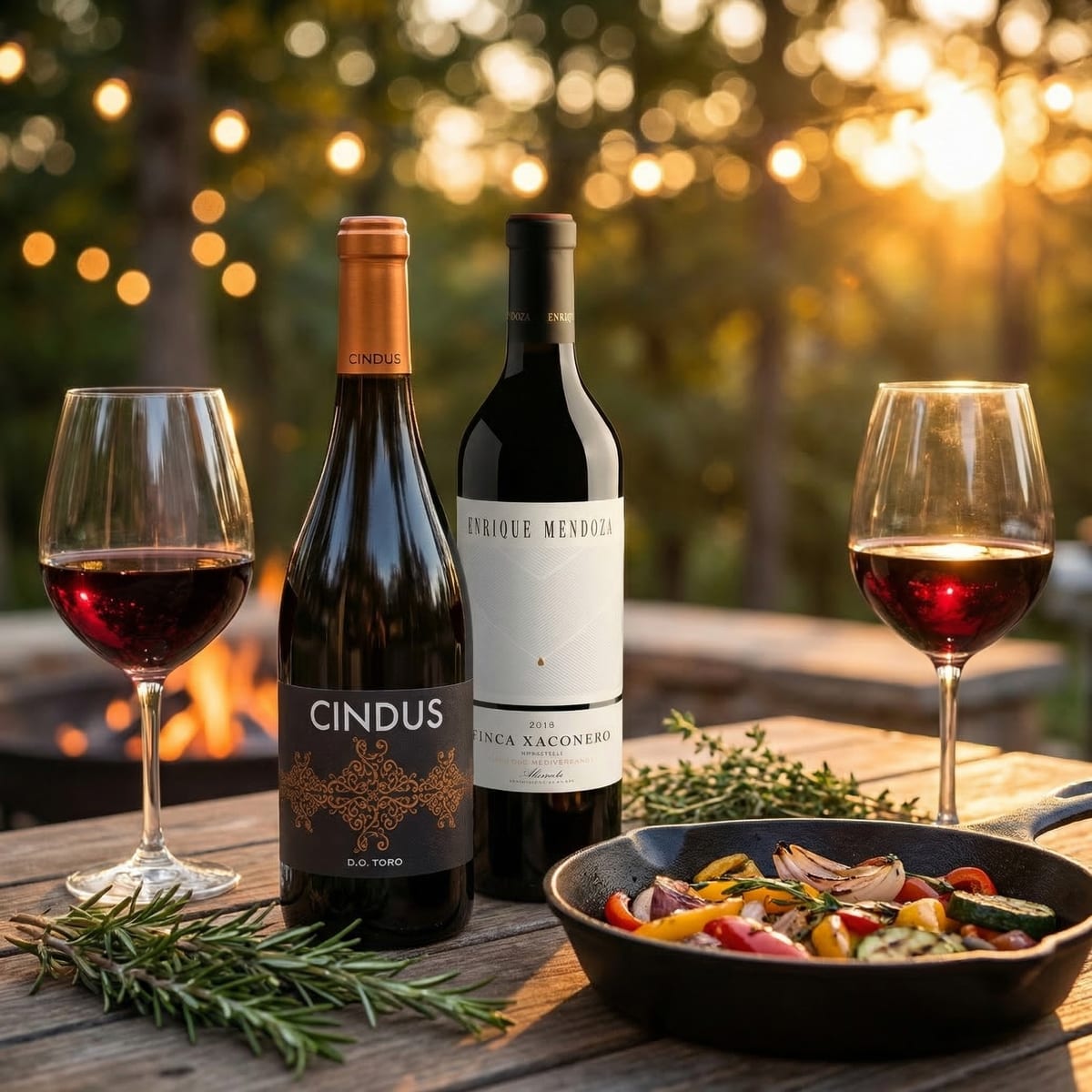 Cindus y Finca Xaconero en mesa al aire libre al atardecer con copas de vino tinto, verduras grilladas y romero fresco