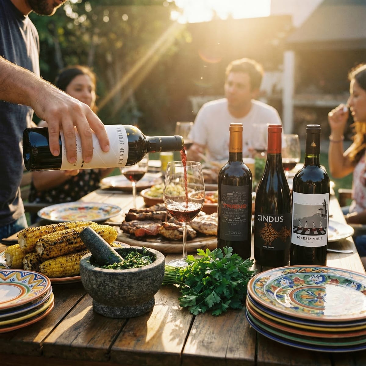 Amigos sirviendo vino tinto del Pack Parrilla en una mesa de asado con choclo, chimichurri y platos coloridos