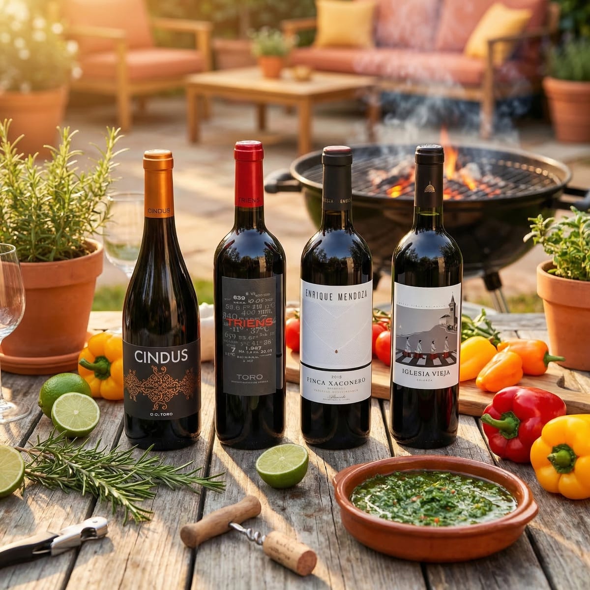 Los cuatro vinos del Pack Parrilla — Cindus, Triens, Finca Xaconero e Iglesia Vieja — junto a una parrilla con chimichurri y pimientos