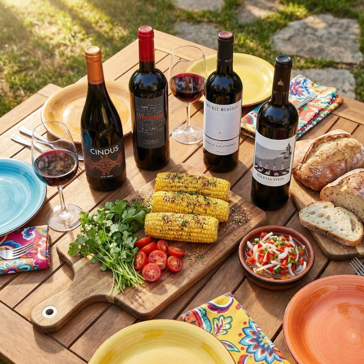 Pack Parrilla completo en mesa de jardín con choclo grillado, tomates cherry, pan artesanal y platos de colores vibrantes