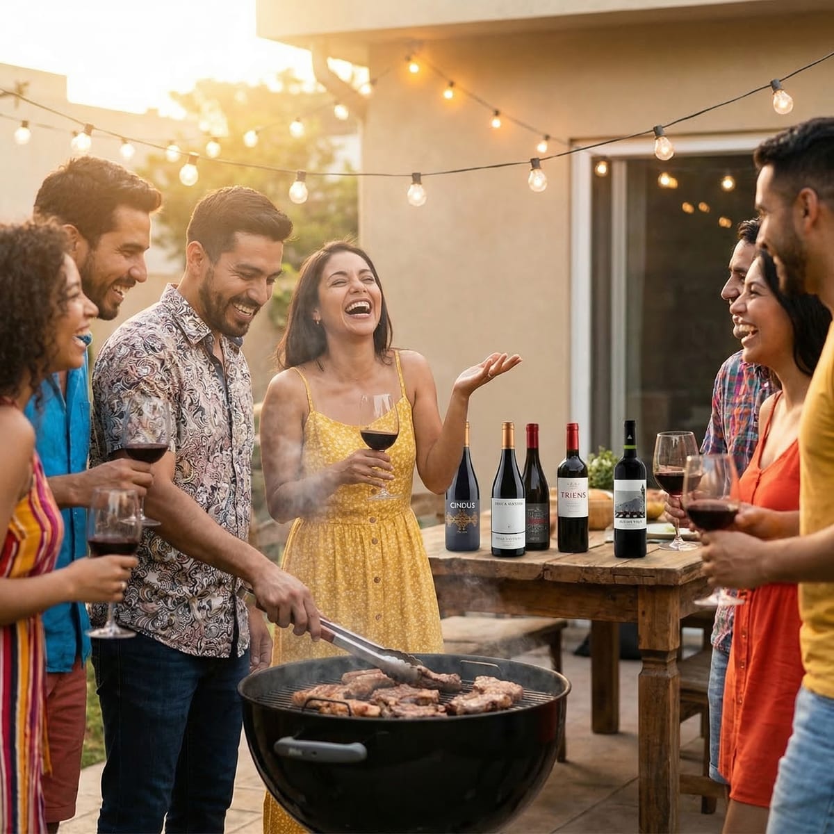 Grupo de amigos riendo alrededor de la parrilla con copas de vino tinto y las botellas del Pack Parrilla de fondo