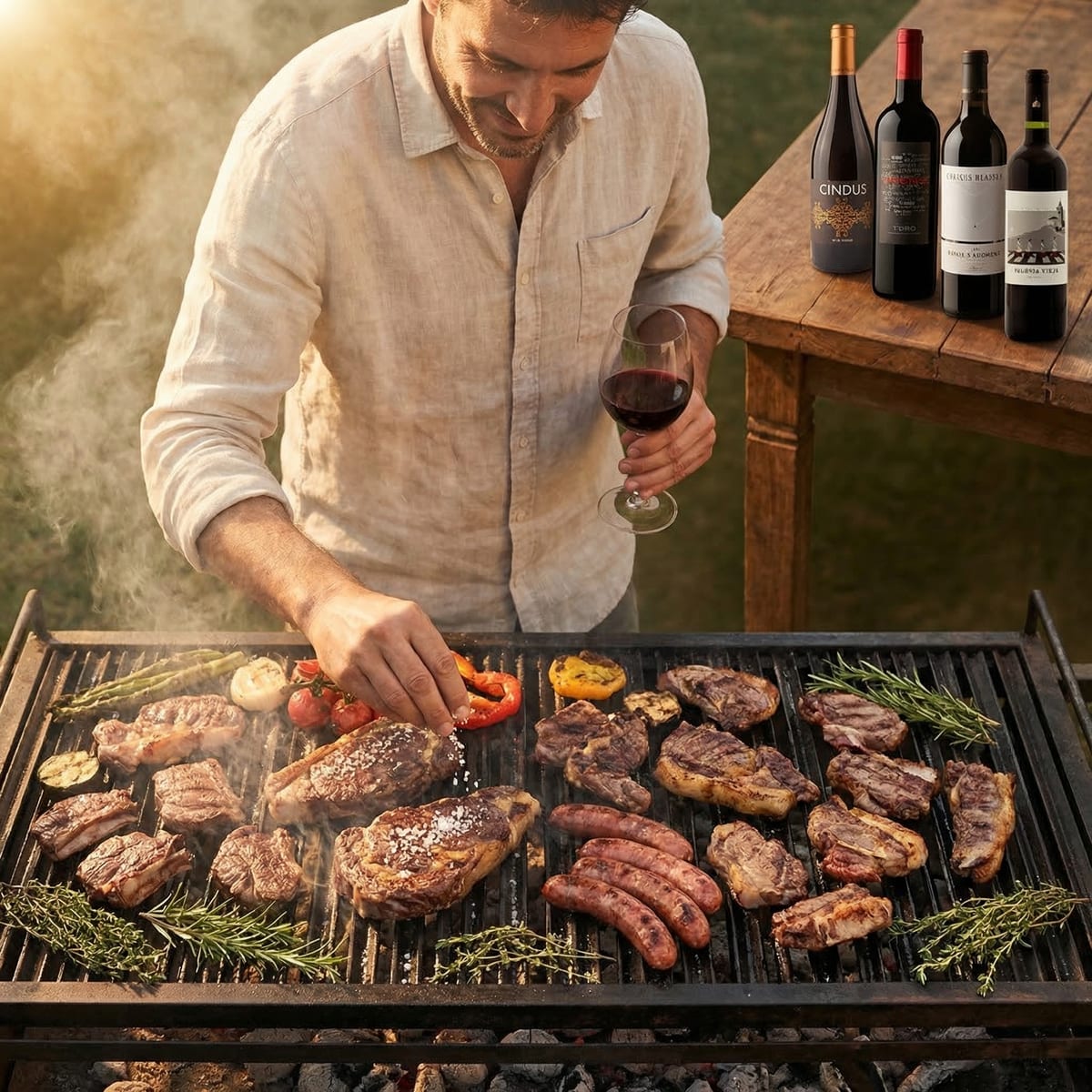 Parrillero sazonando carnes a la parrilla con copa de vino tinto en mano y los vinos Cindus, Triens, Xaconero e Iglesia Vieja en la mesa