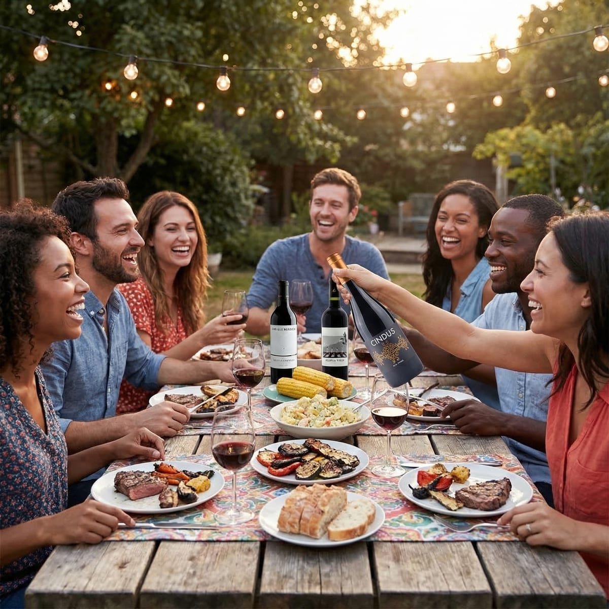 Amigos disfrutando una cena al aire libre después del asado, pasándose una botella de Cindus entre risas bajo luces de guirnalda