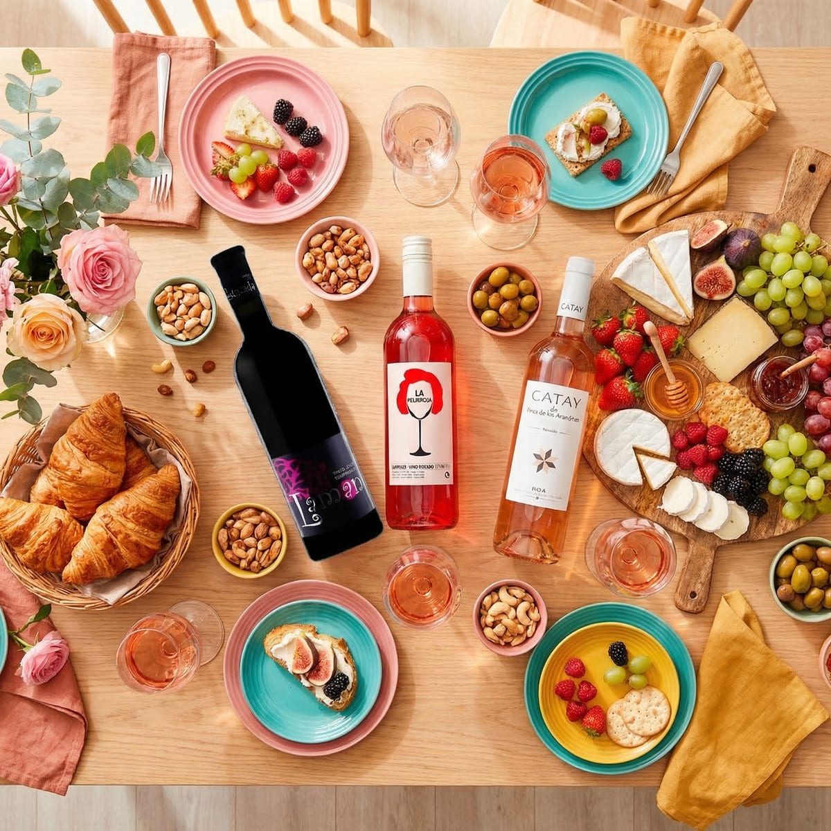 Tres botellas de rosé del Pack Rosé Lover con copas de vino rosado, fresas y duraznos en terraza soleada