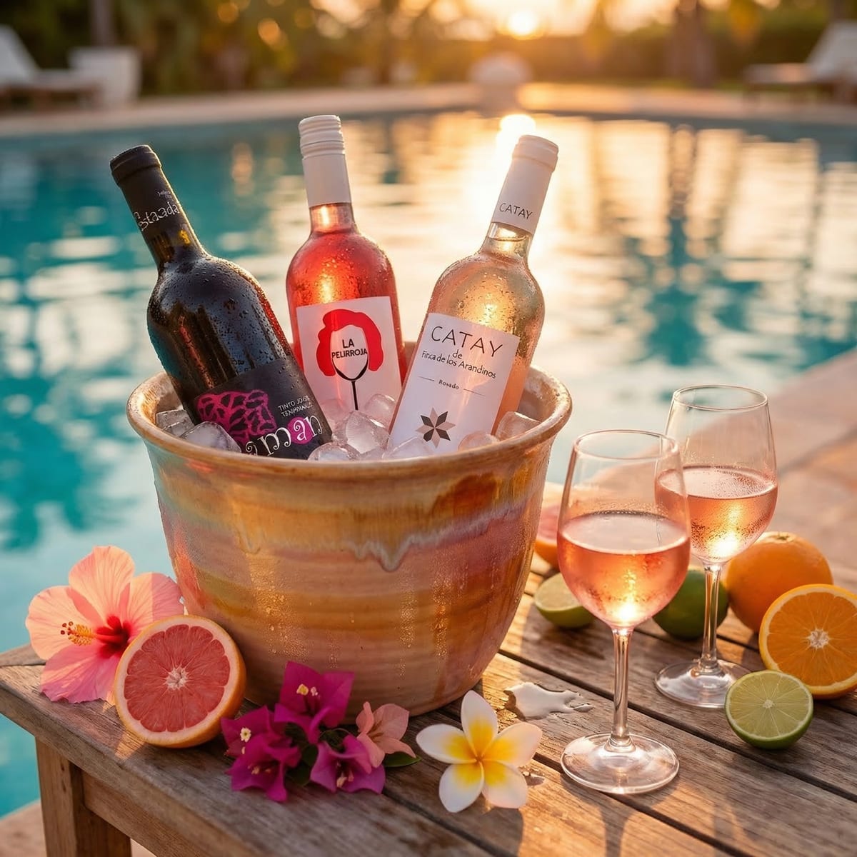 Amigas brindando con rosé junto a ceviche y palta, botellas Catay, Laman y La Pelirroja en la mesa