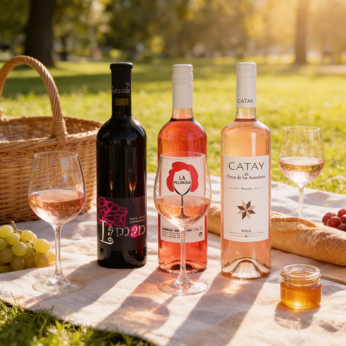 Botellas de rosé en hielera de cerámica junto a la piscina con flores tropicales y cítricos frescos