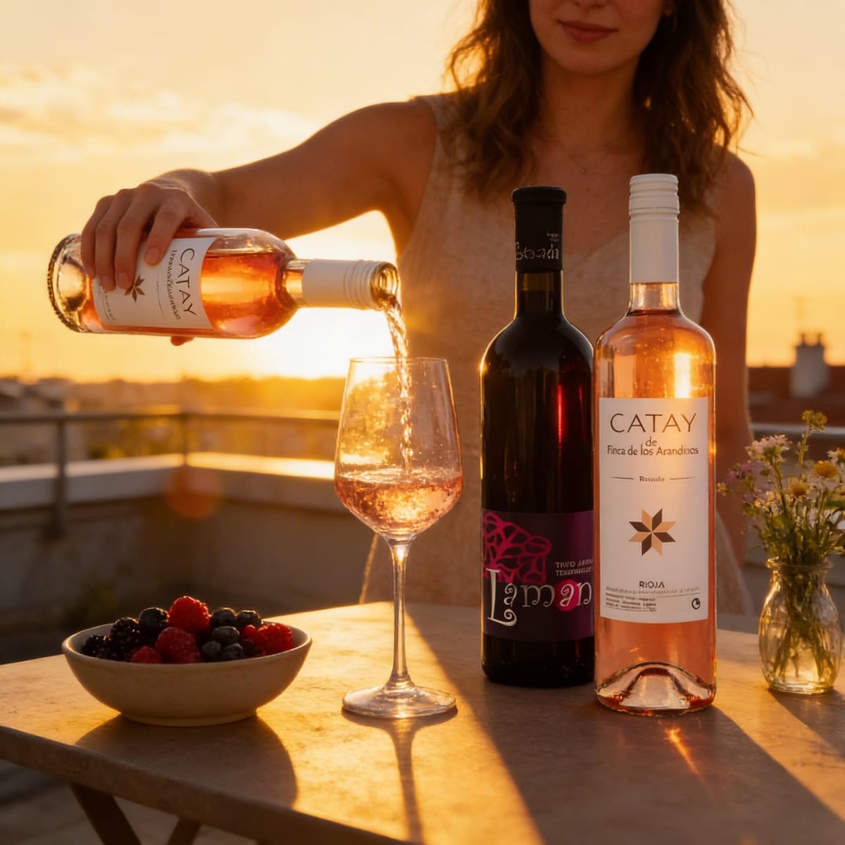 Mujer sirviendo rosé en fiesta de jardín al atardecer con flores silvestres y tapas coloridas